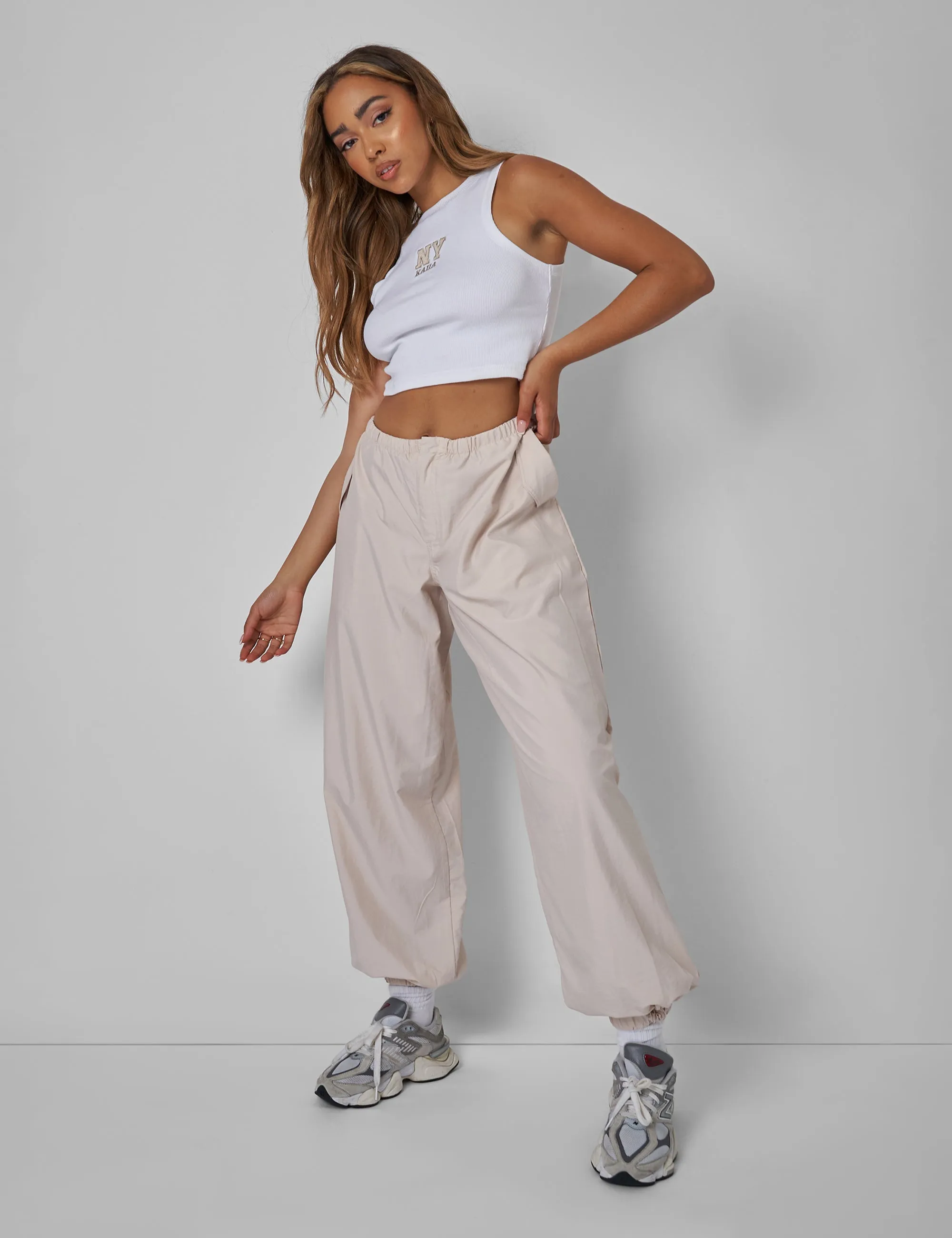 Drawstring Waist Parachute Cargo Trousers Stone sold by Public Desire