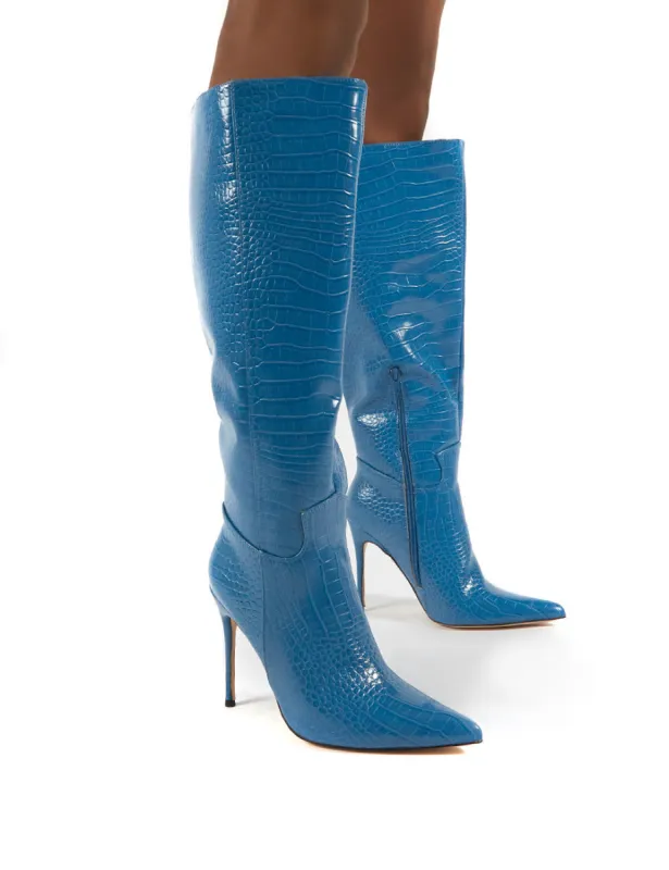 Go Wide Fit Blue Knee High Pointed Toe Stiletto Heeled Boots sold by Public Desire