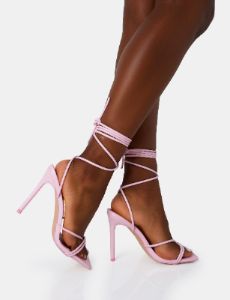 Dax Baby Pink Pu Barely There Lace Up Square Toe Stiletto Heels sold by Public Desire