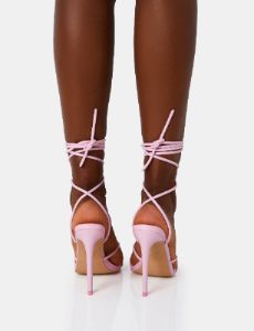 Dax Baby Pink Pu Barely There Lace Up Square Toe Stiletto Heels sold by Public Desire