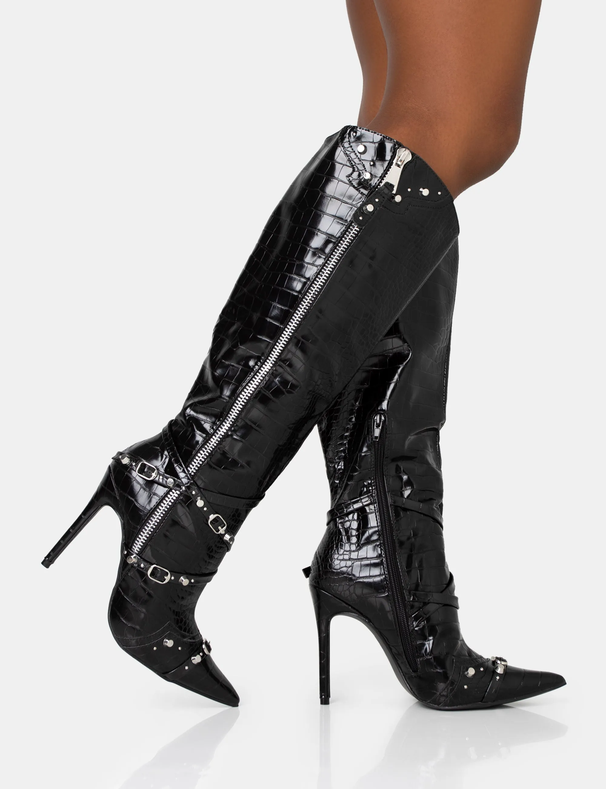 Worthy Black Croc Studded Zip Detail Pointed Stiletto Knee High Boots sold by Public Desire product image thumbnail 2