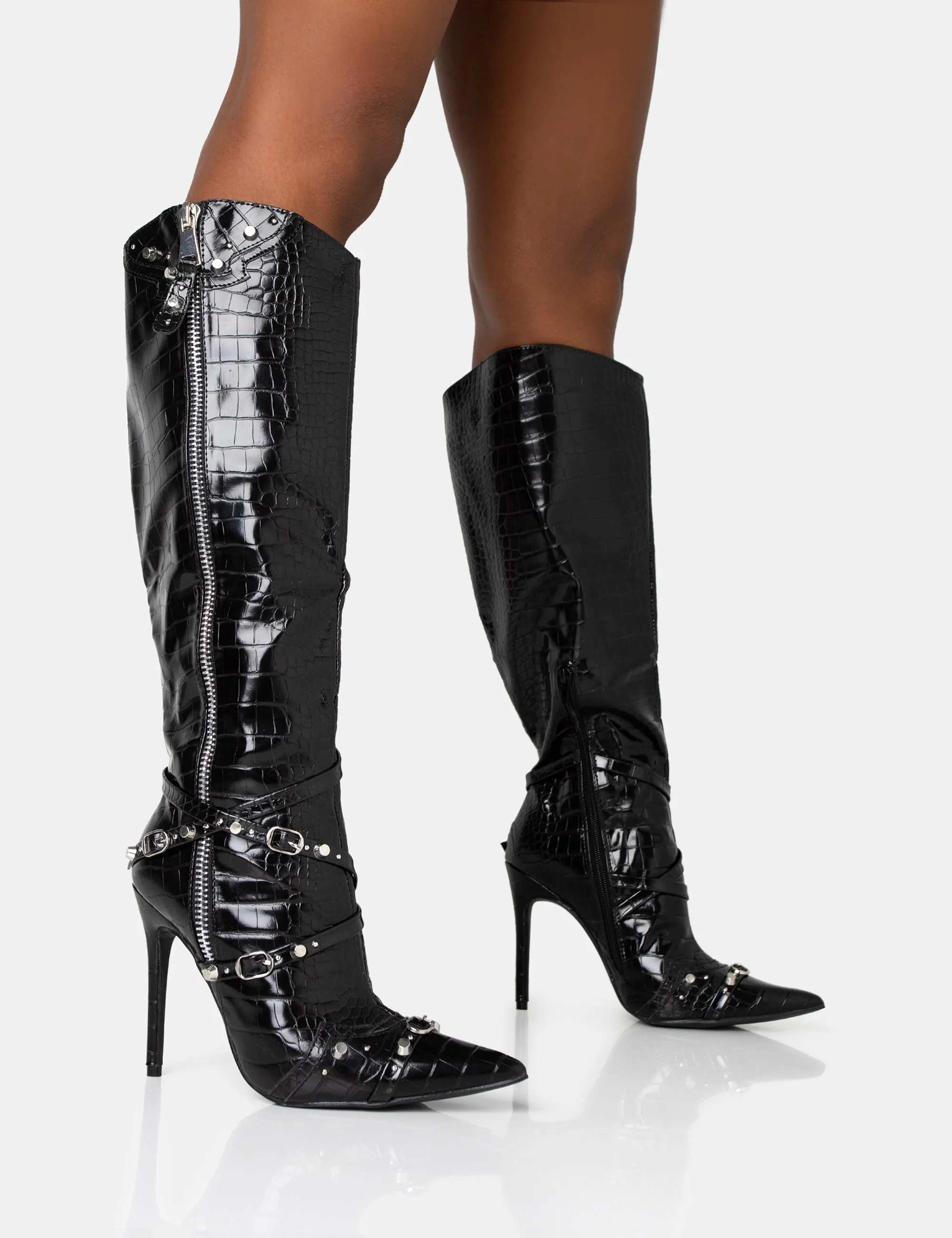 Worthy Black Croc Studded Zip Detail Pointed Stiletto Knee High Boots sold by Public Desire