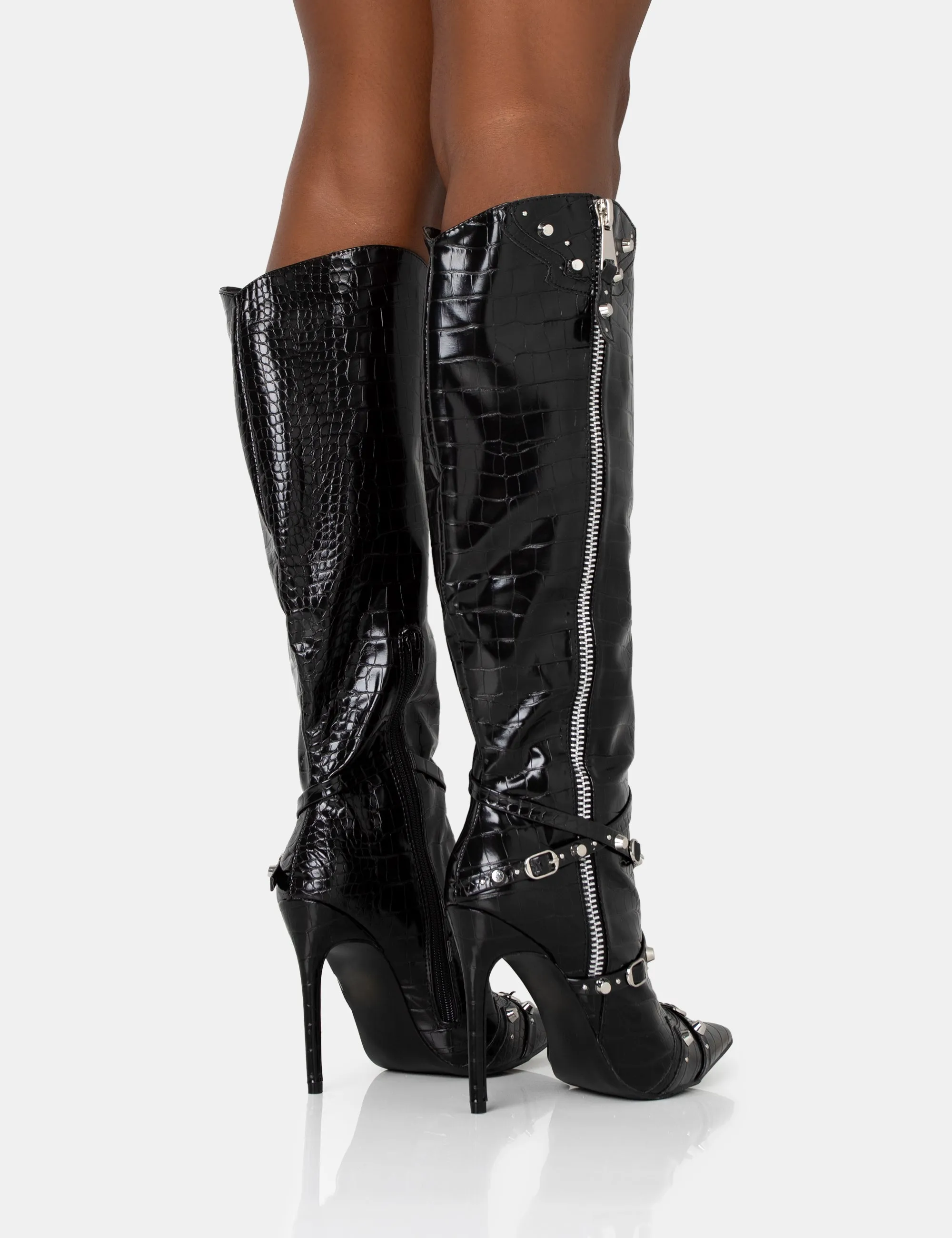 Worthy Black Croc Studded Zip Detail Pointed Stiletto Knee High Boots sold by Public Desire product image thumbnail 4