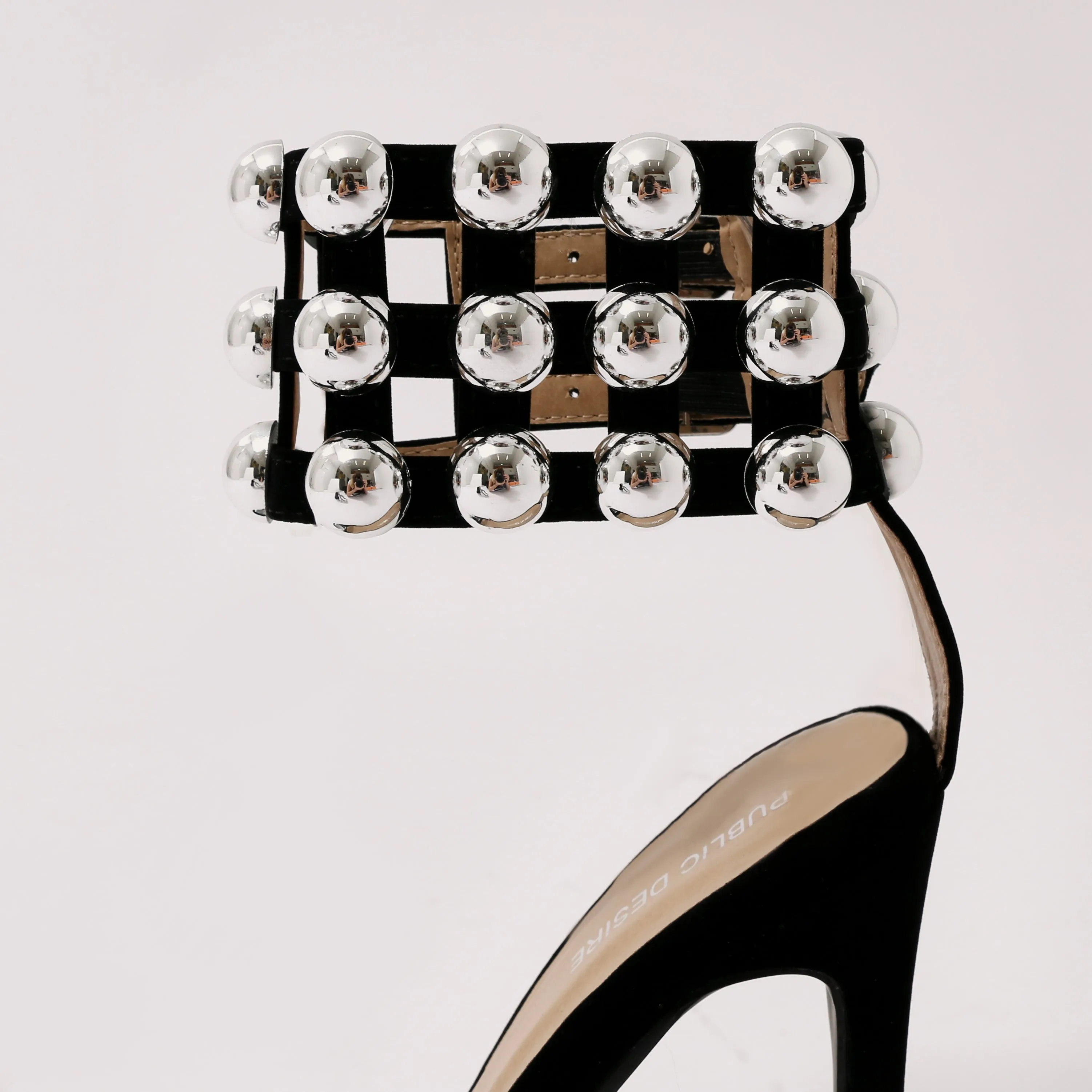 Edge Dome Stud Caged Cuff Stiletto Heels in Black Faux Suede sold by Public Desire product image thumbnail 2