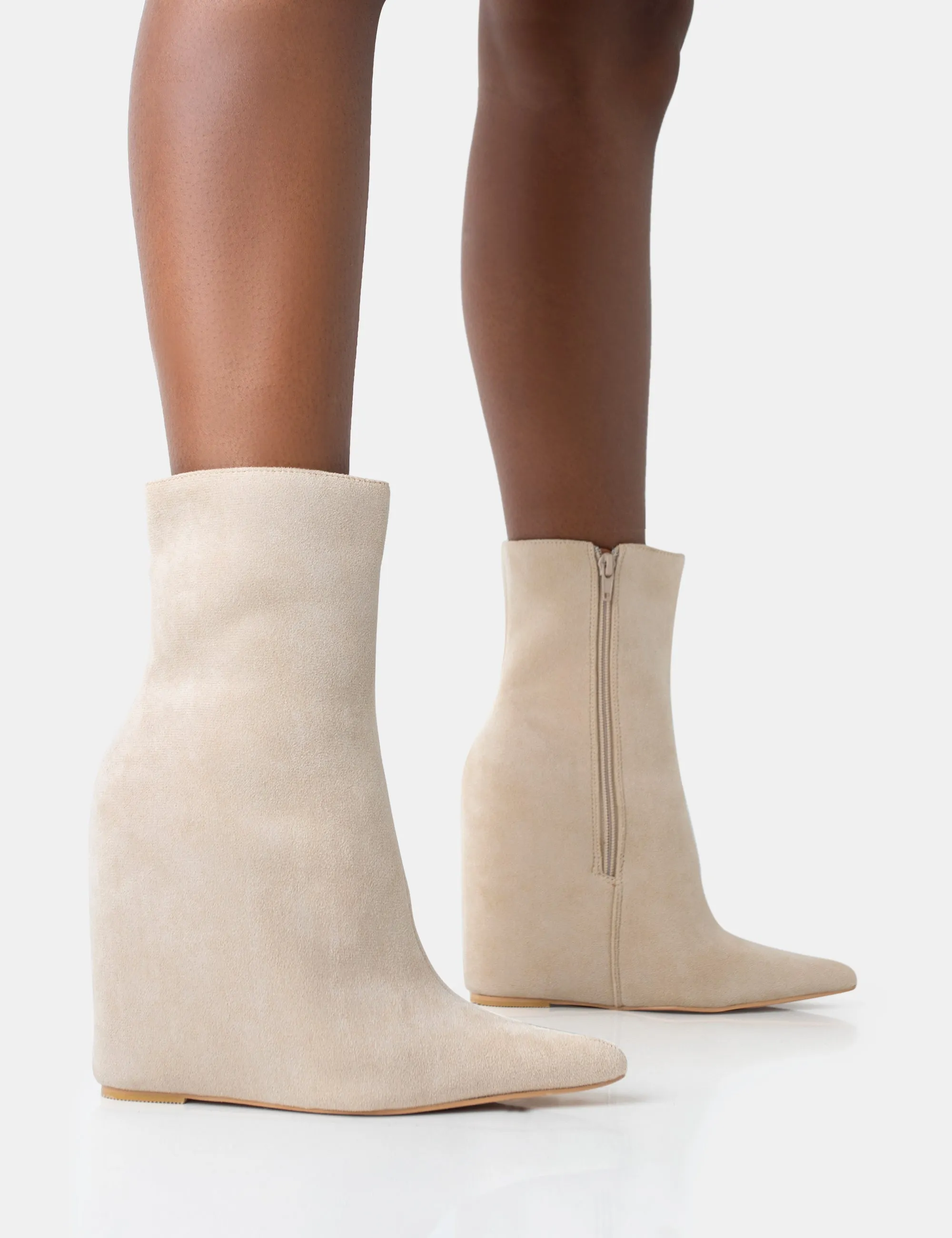 Getaway Beige Faux Suede Wedged Heeled Ankle Boot sold by Public Desire