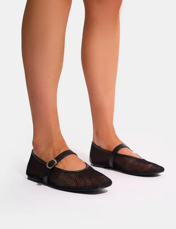 Nelly Black Mesh Buckle Strap Ballet Flat Pumps sold by Public Desire
