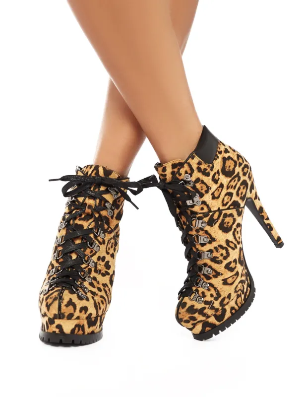 Provoke Leopard Faux Suede Lace Up Stiletto Ankle Boots made by Public Desire