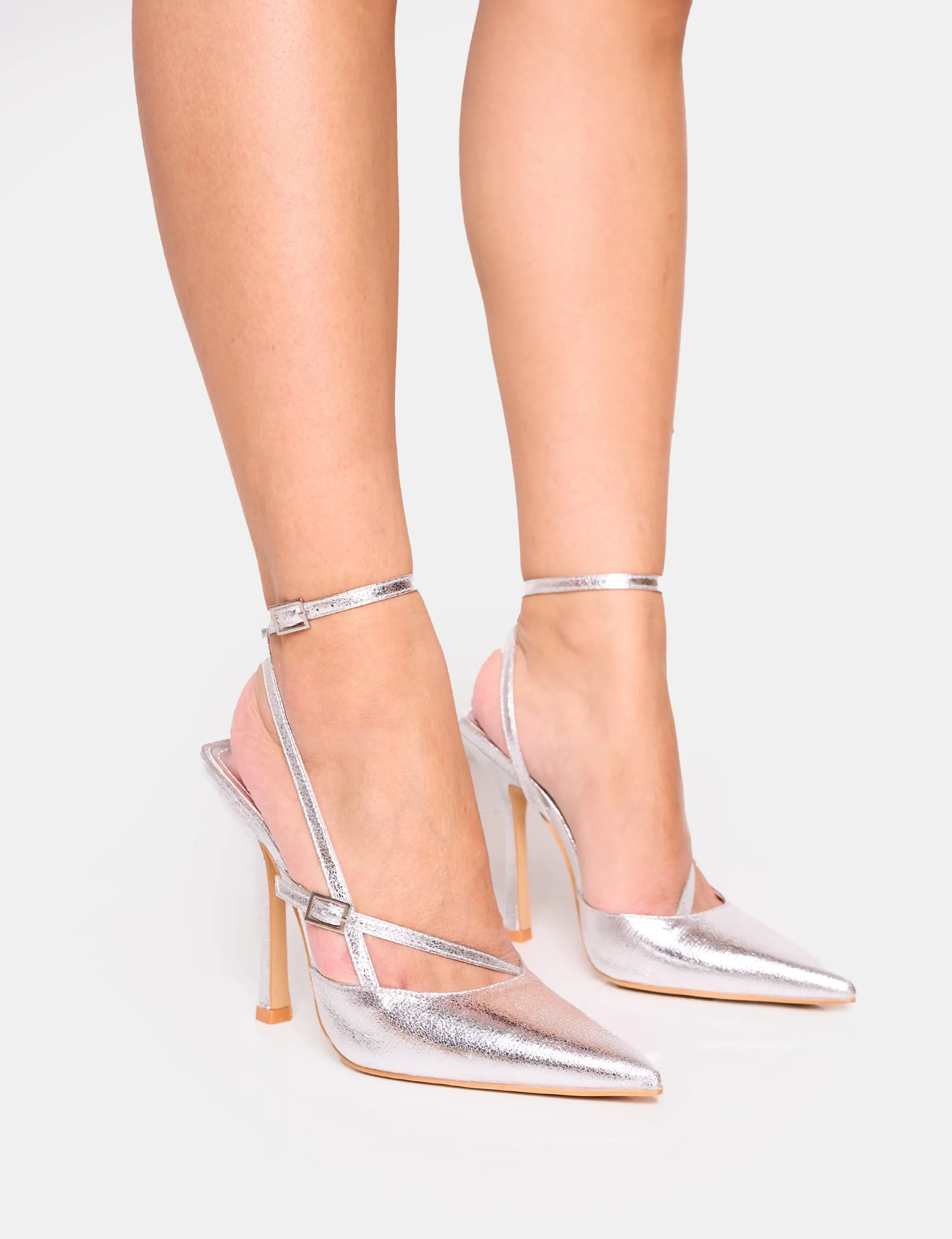 Idol Cracked Silver Buckle Strappy Detail Stiletto Court High Heels sold by Public Desire