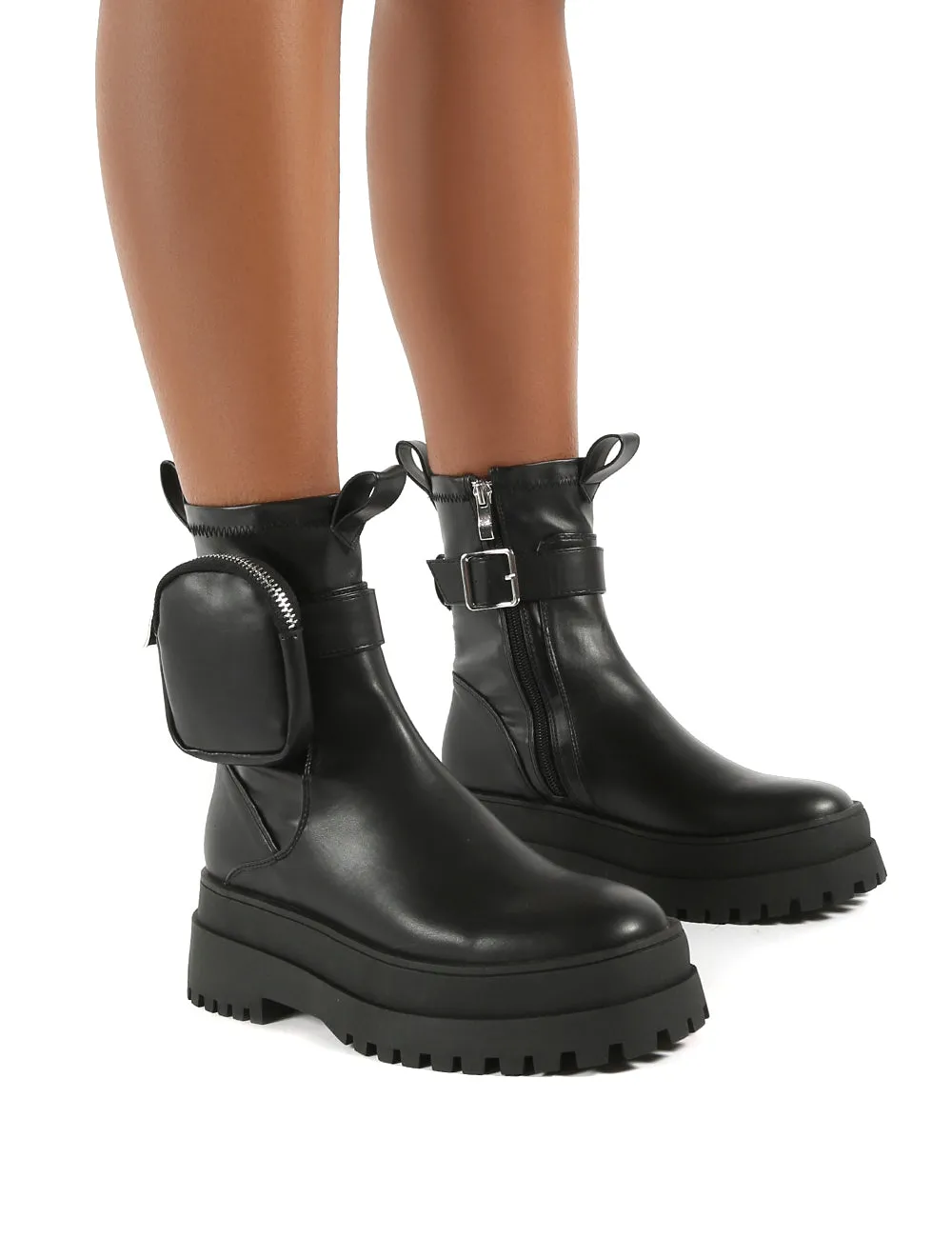 Thought Black Pu Wide Fit Pocket Chunky Sole Ankle Boot sold by Public Desire