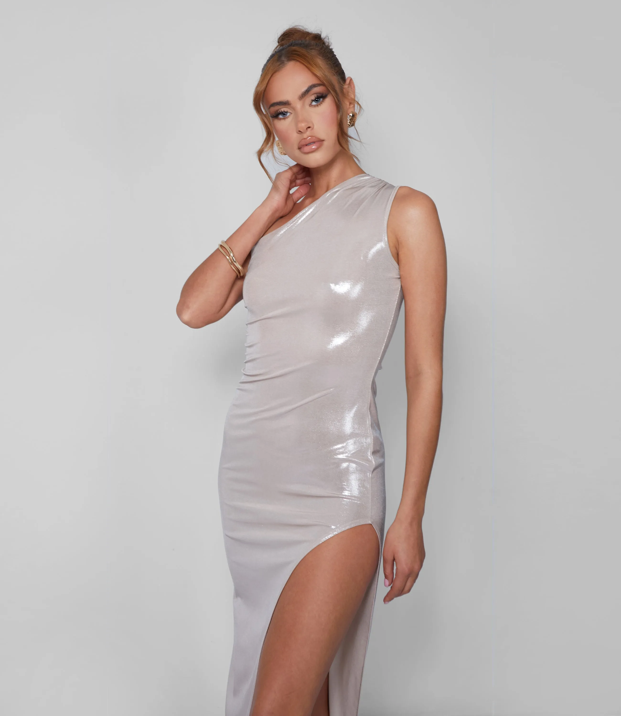 One Shoulder Ruched Metallic Midi Dress With Split Champagne sold by Public Desire product image thumbnail 4
