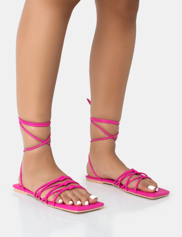 Kelly Hot Pink PU Lace Up Flat Square Toe Sandals sold by Public Desire