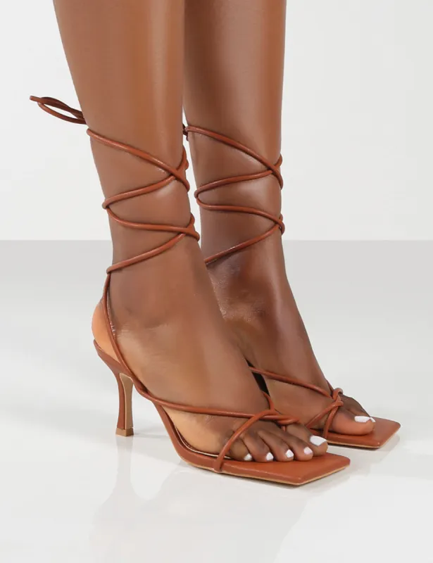 Amber x Public Desire Minimale WF Tan PU Twist Front Strappy Heel sold by Public Desire