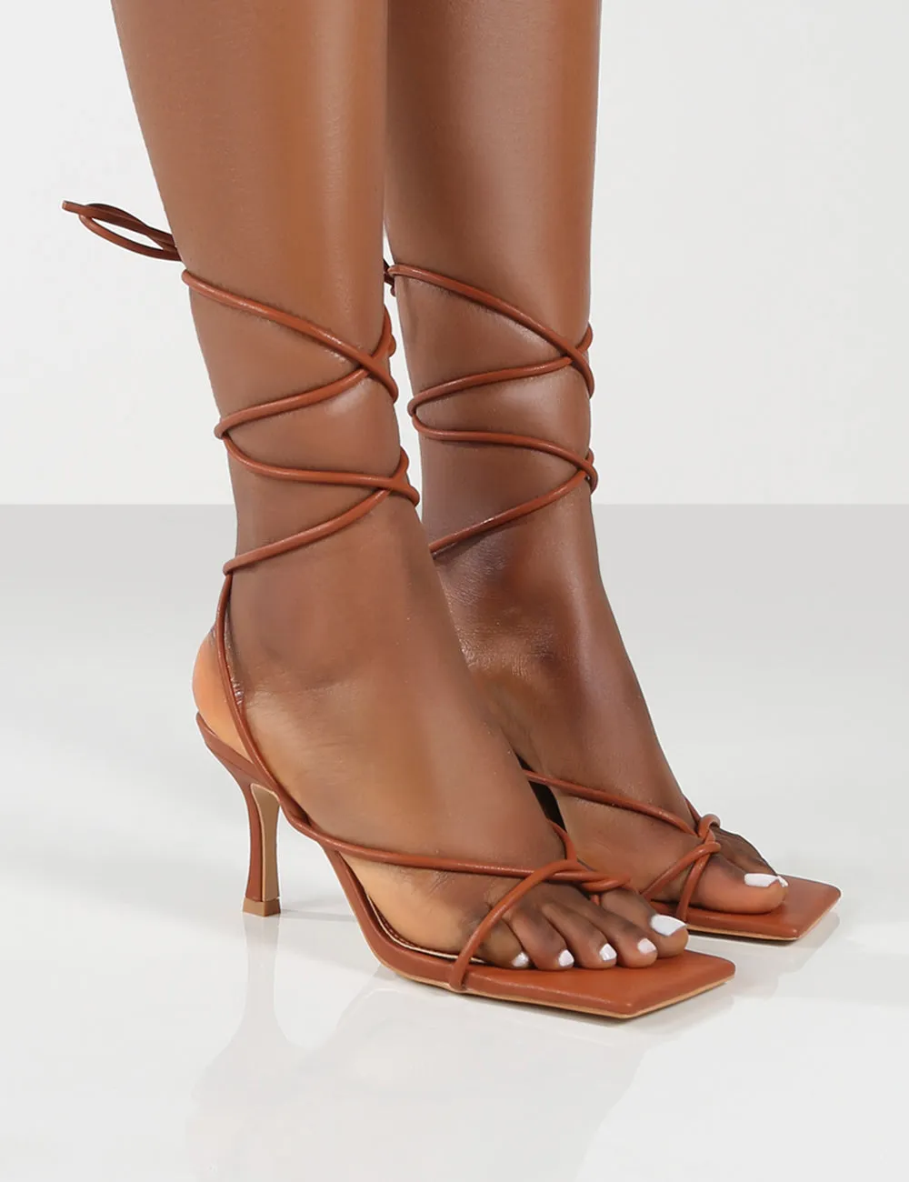 Amber x Public Desire Minimale WF Tan PU Twist Front Strappy Heel sold by Public Desire
