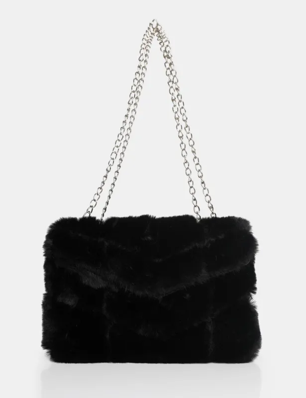 The Marshmallow Black Faux Fur Shoulder Bag sold by Public Desire