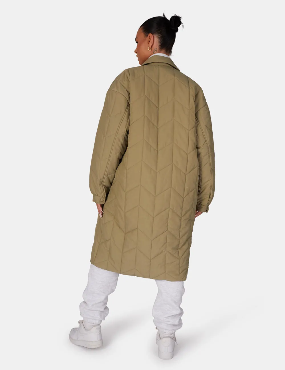 Chevron Quilted Longline Jacket Khaki sold by Public Desire product image thumbnail 4