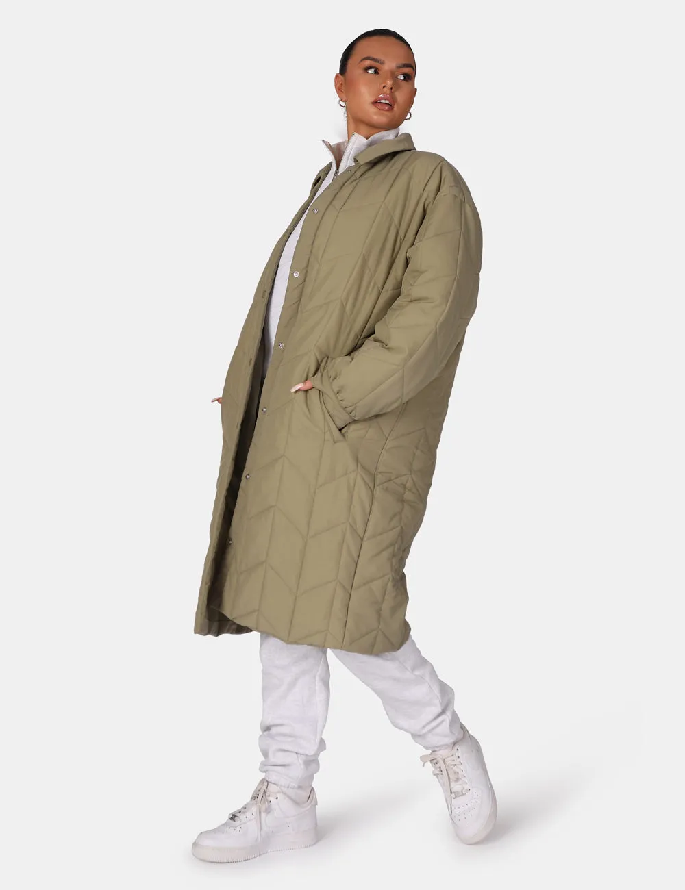 Chevron Quilted Longline Jacket Khaki sold by Public Desire product image thumbnail 5