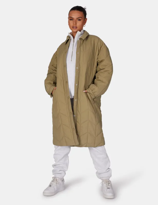 Chevron Quilted Longline Jacket Khaki sold by Public Desire