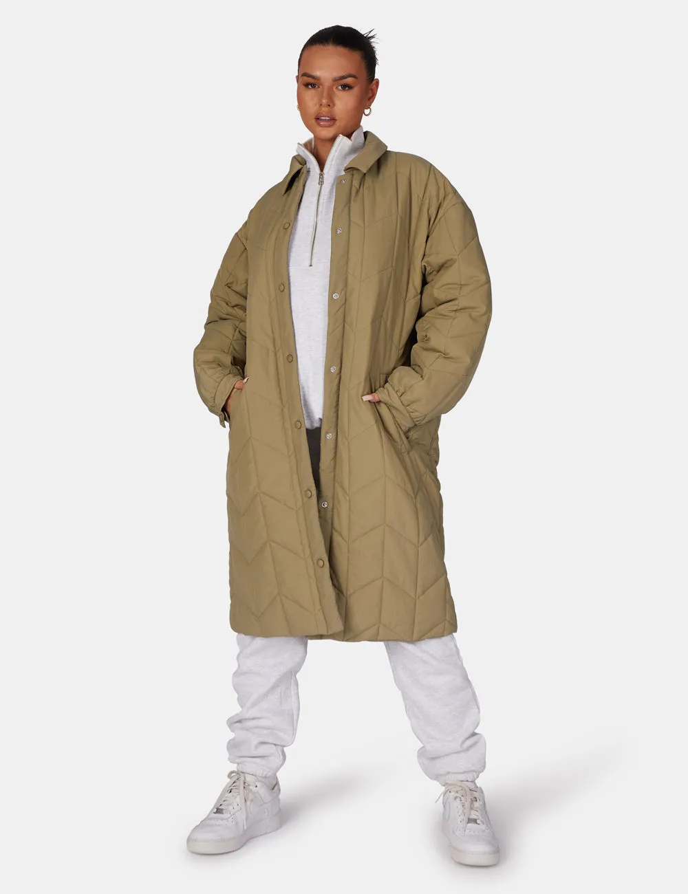 Chevron Quilted Longline Jacket Khaki sold by Public Desire