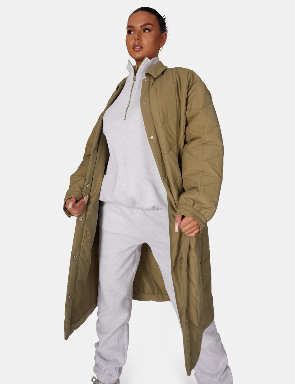 Chevron Quilted Longline Jacket Khaki sold by Public Desire product image thumbnail 2