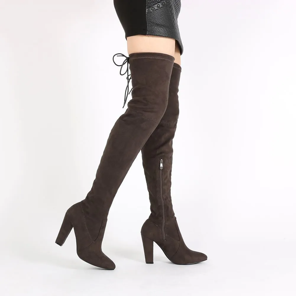 Janine Over the Knee Boots in Dark Taupe Faux Suede sold by Public Desire