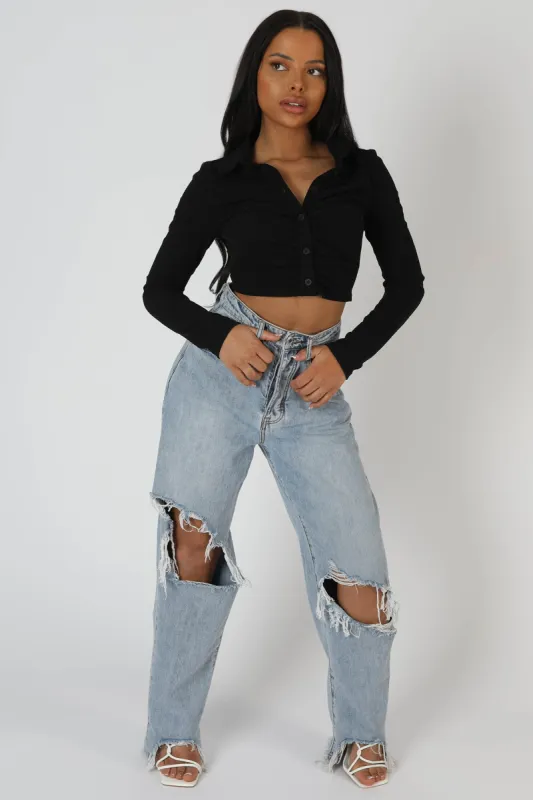 Button Front Ruched Top Black sold by Public Desire