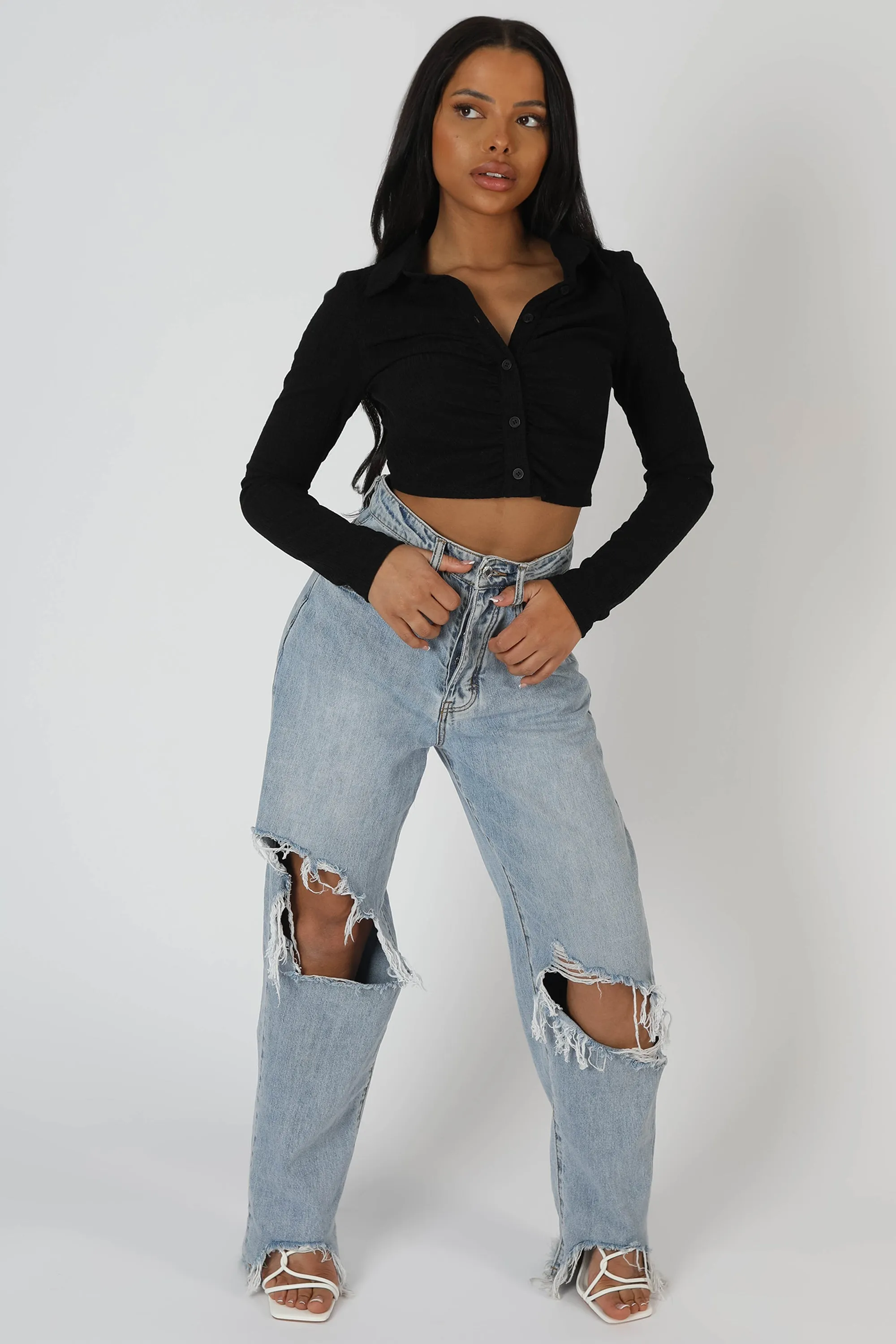 Button Front Ruched Top Black sold by Public Desire