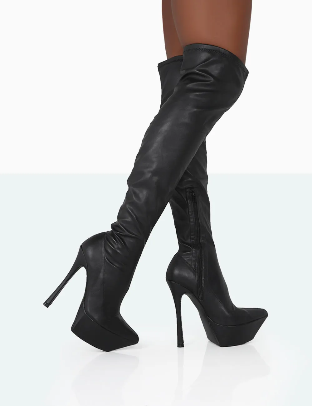Trixie Black Grain Pu Stiletto Platform Over the Knee Boots sold by Public Desire