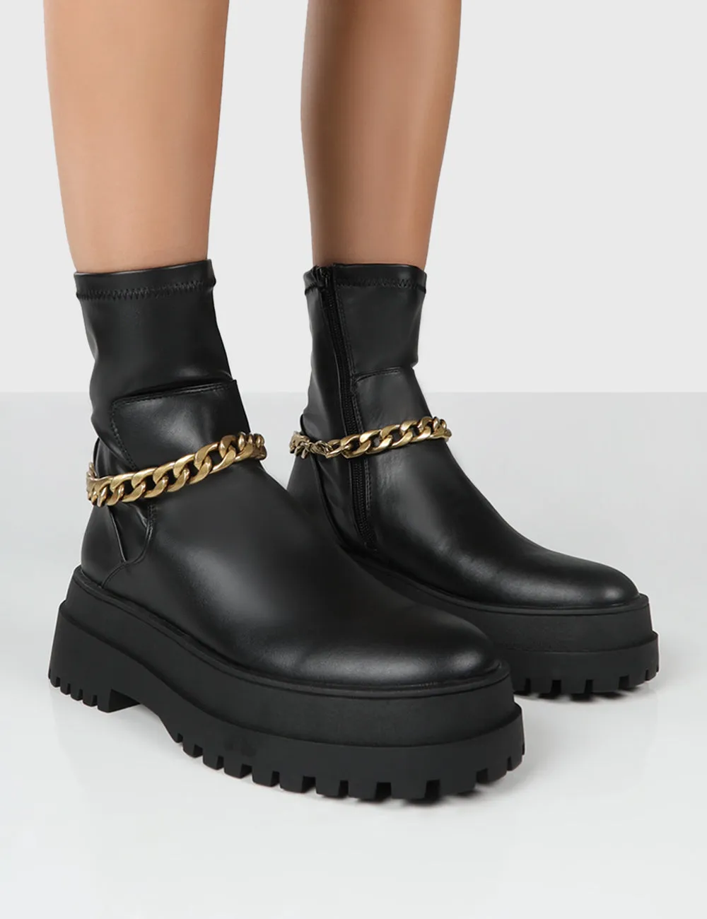 Tessa Black Platform Chunky Chain Detail Ankle Boots sold by Public Desire