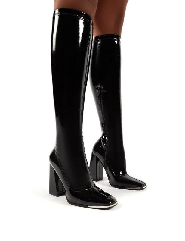 Caryn Black Vinyl Wide Fit Block Heeled Knee High Boots sold by Public Desire
