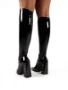 Caryn Black Vinyl Wide Fit Block Heeled Knee High Boots sold by Public Desire
