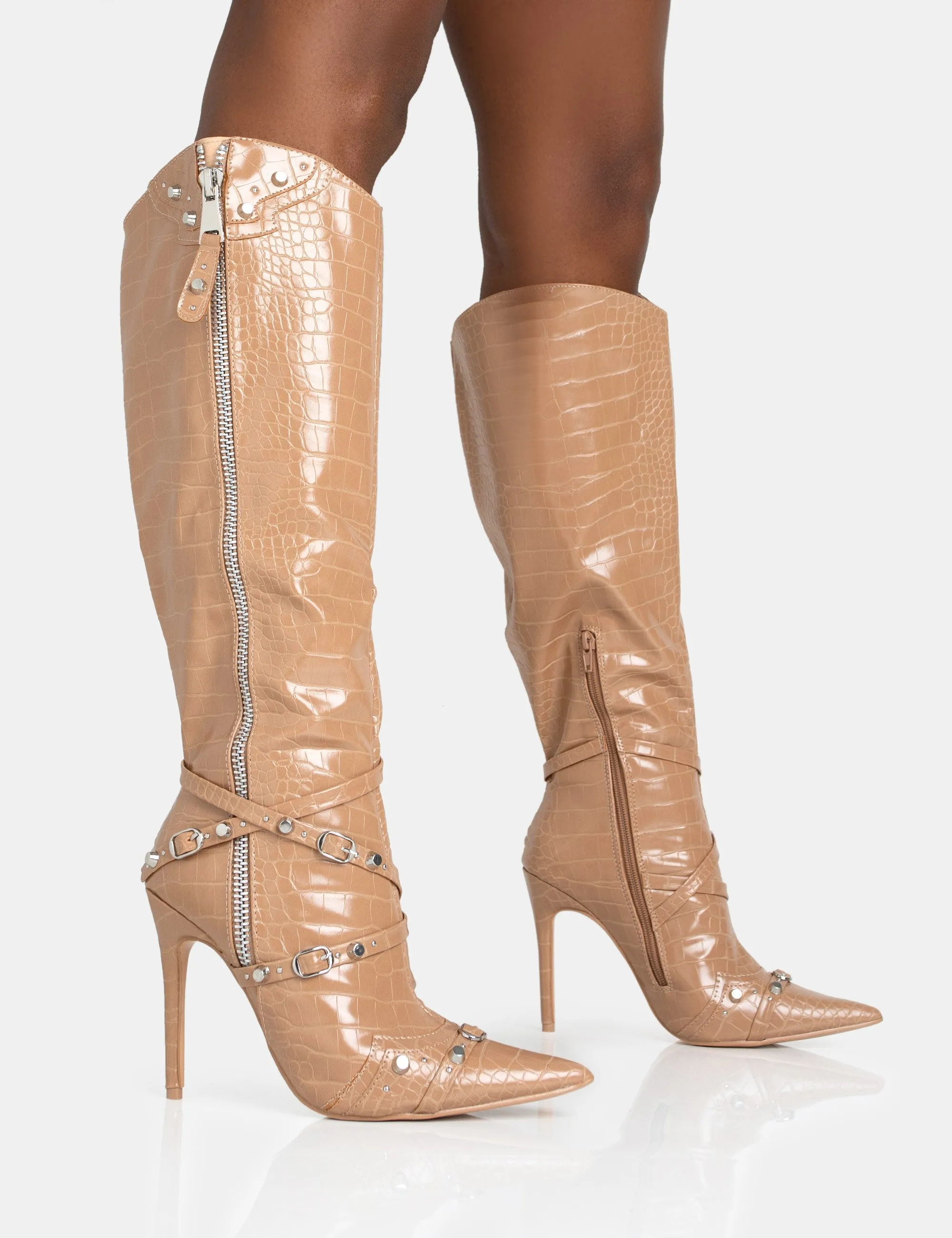 Worthy Camel Croc Studded Zip Detail Pointed Stiletto Knee High Boots sold by Public Desire