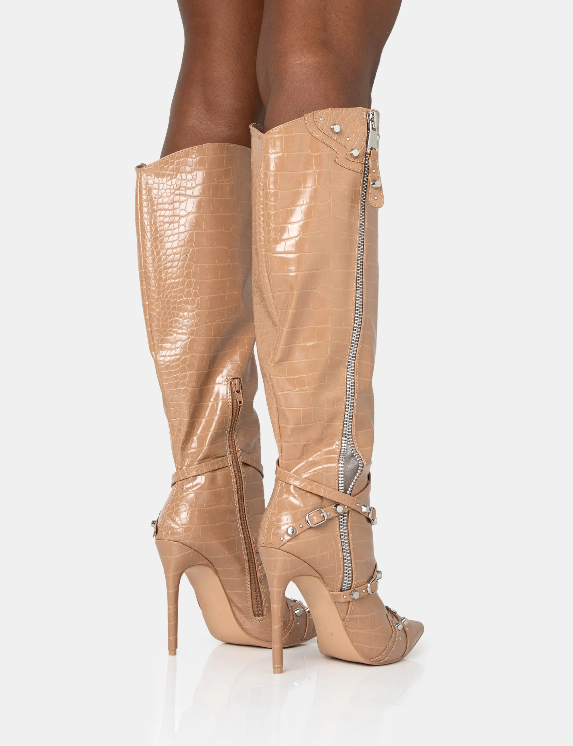 Worthy Camel Croc Studded Zip Detail Pointed Stiletto Knee High Boots sold by Public Desire product image thumbnail 2