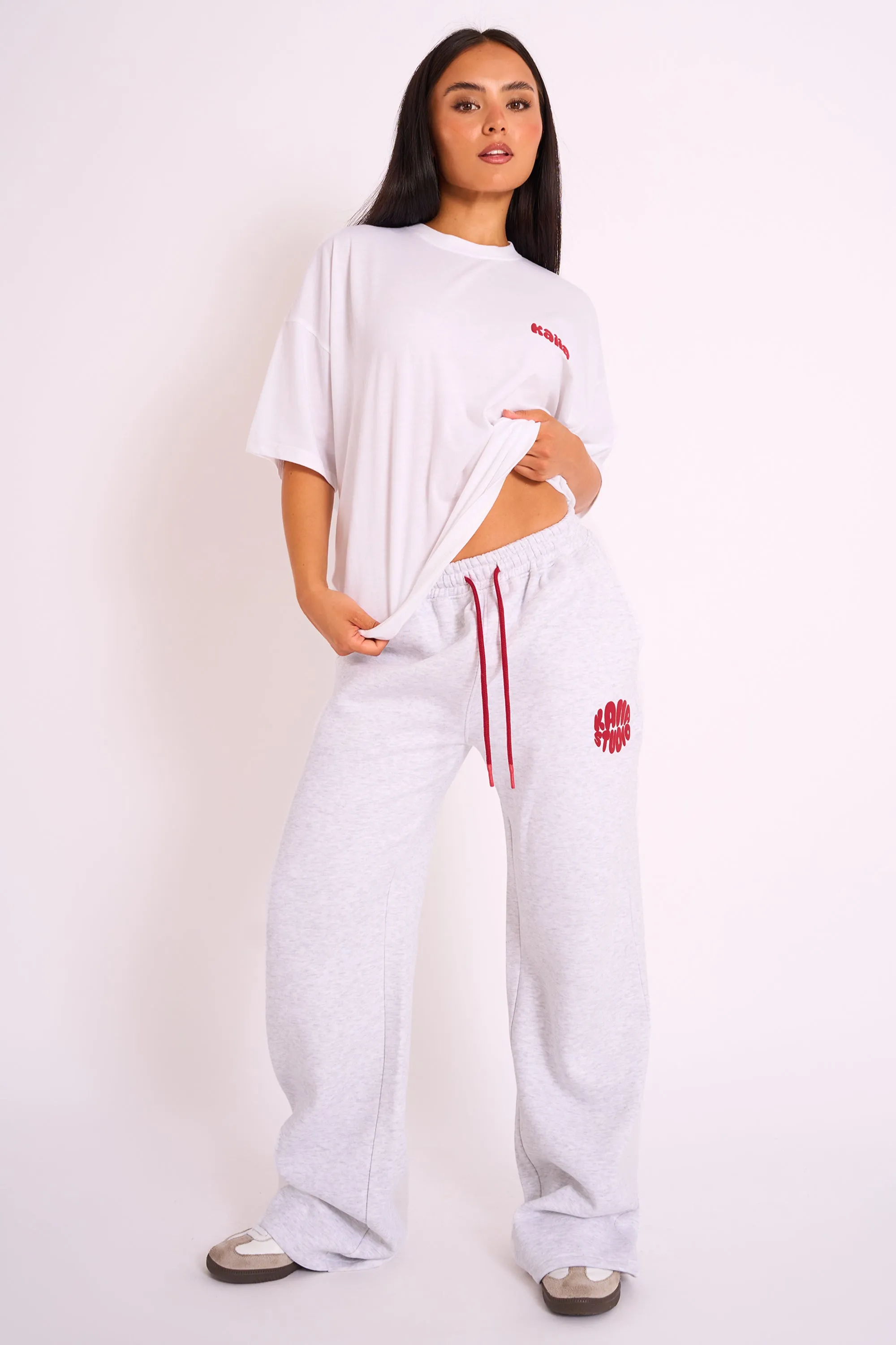 Kaiia Studio Bubble Logo Wide Leg Jogger Grey Marl & Red sold by Public Desire
