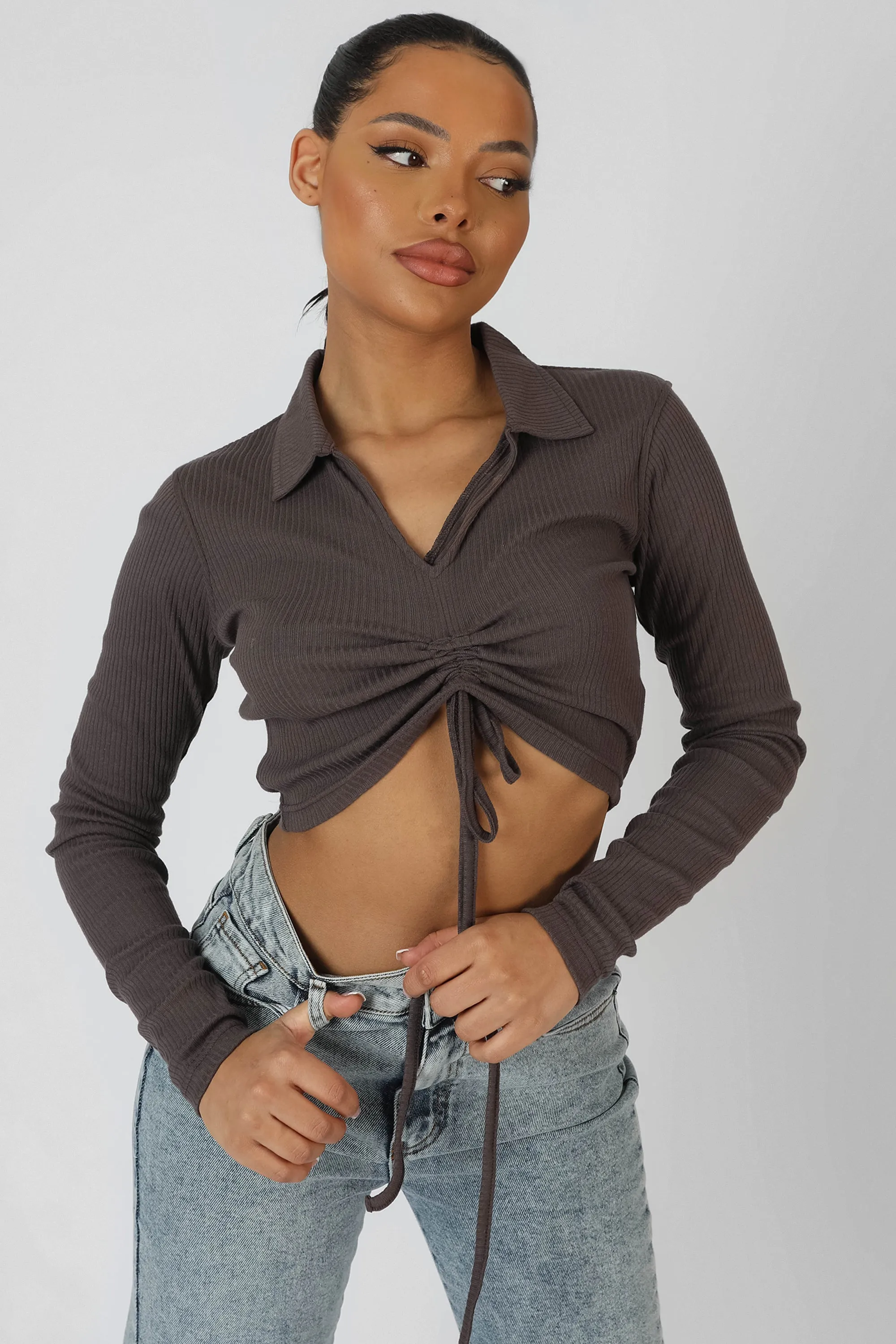Long Sleeve Collar Ruched Top Taupe sold by Public Desire product image thumbnail 4