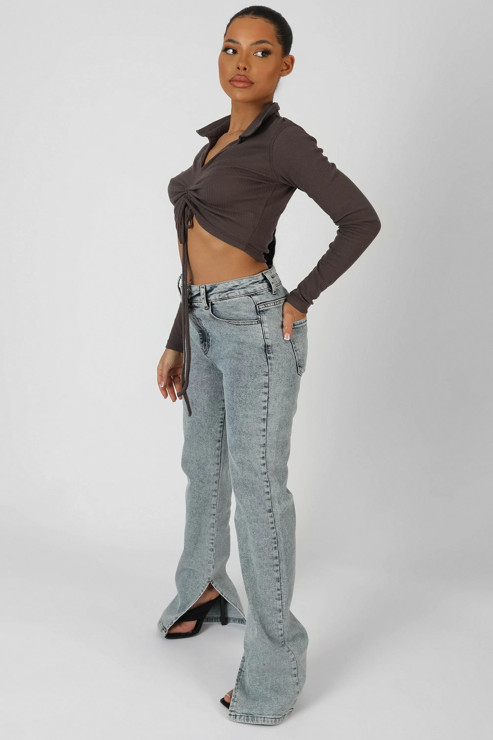 Long Sleeve Collar Ruched Top Taupe sold by Public Desire product image thumbnail 2
