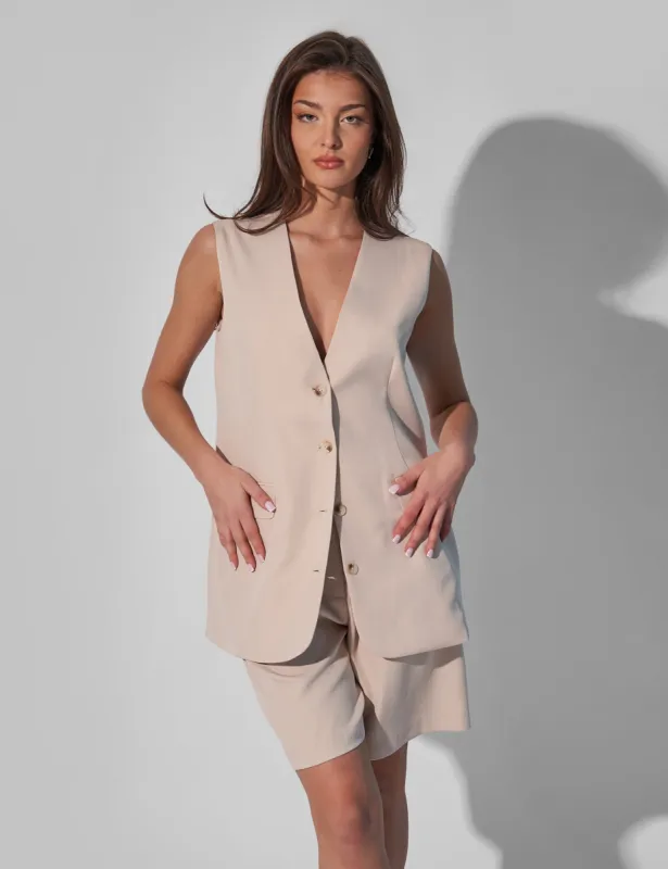 Kaiia Tailored Longline Sleeveless Blazer Co-ord Cream made by Public Desire