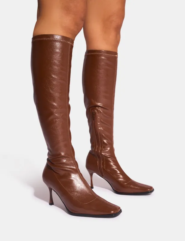 Scorpion Chocolate Mid Heel Sock Knee High Boots sold by Public Desire