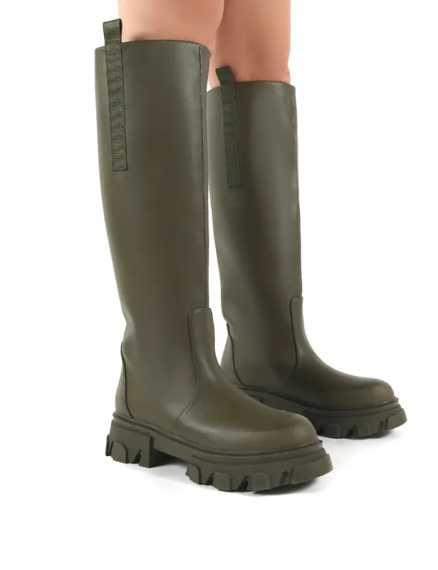 Genius Khaki Knee High Chunky Sole Boots sold by Public Desire