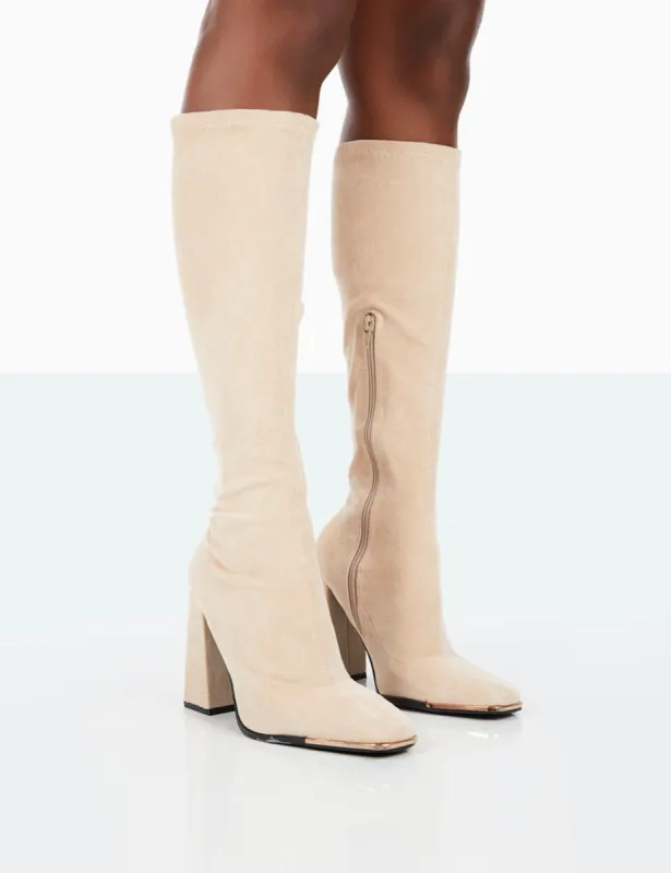 Caryn Taupe Faux Suede Knee High Block Heeled Boots sold by Public Desire