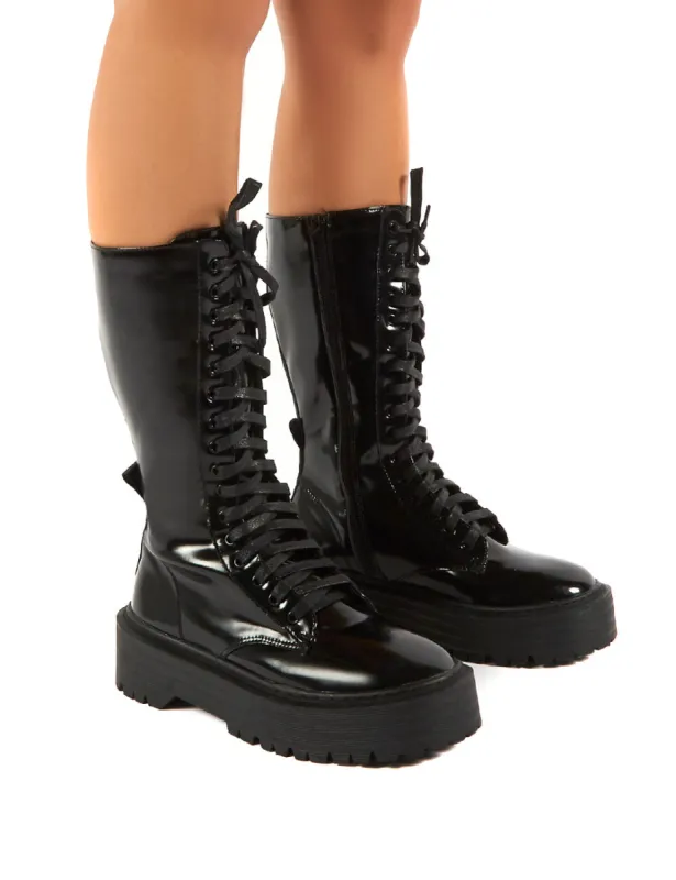Kendall Smooth Black PU Lace Up Chunky Knee High Boots sold by Public Desire