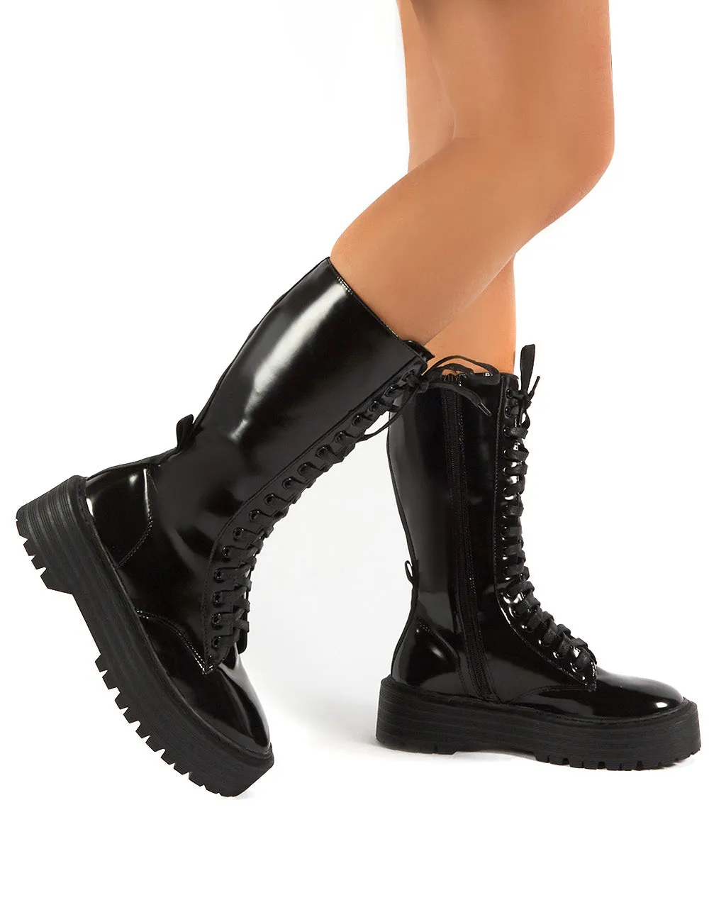 Kendall Smooth Black PU Lace Up Chunky Knee High Boots sold by Public Desire product image thumbnail 3