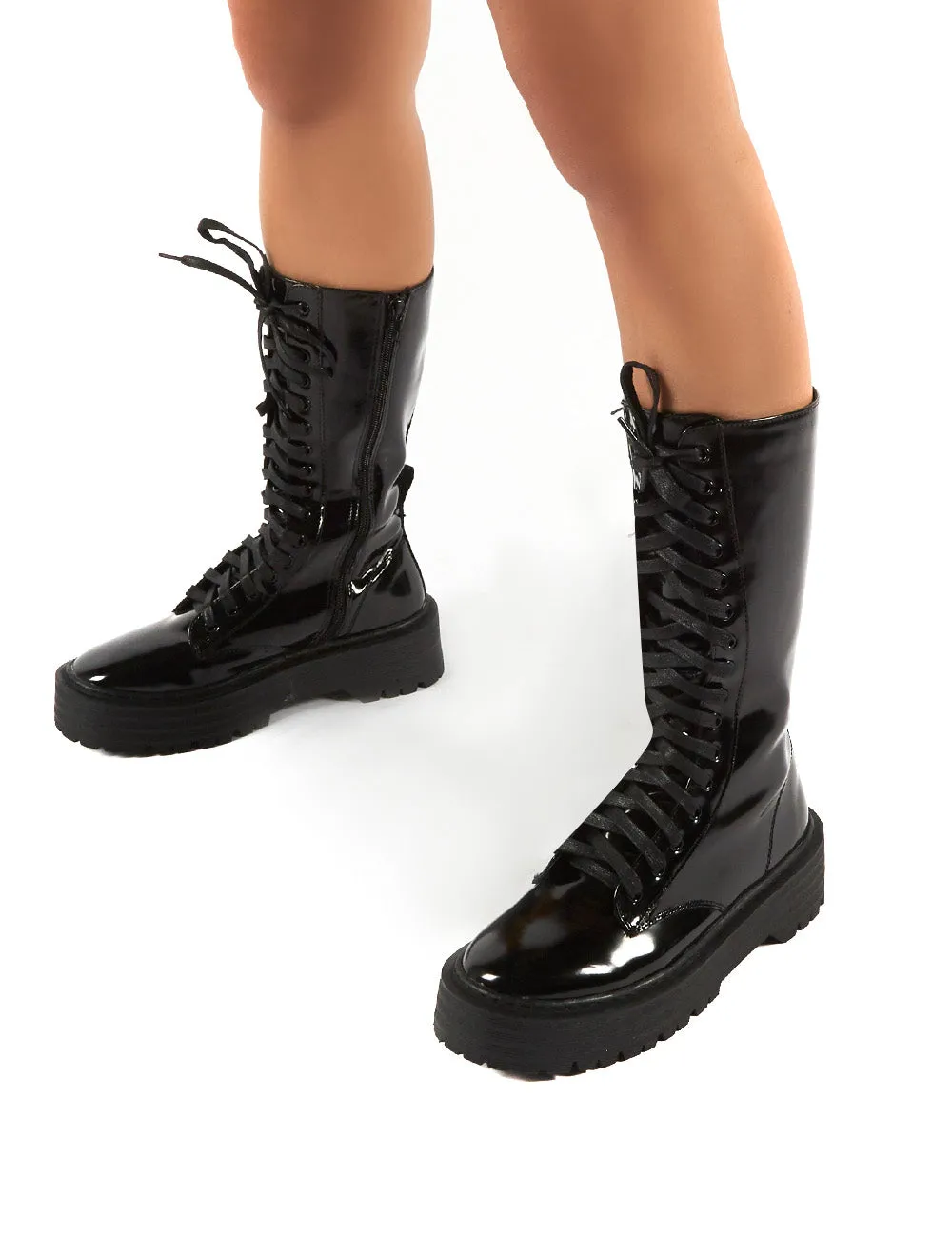 Kendall Smooth Black PU Lace Up Chunky Knee High Boots sold by Public Desire product image thumbnail 4
