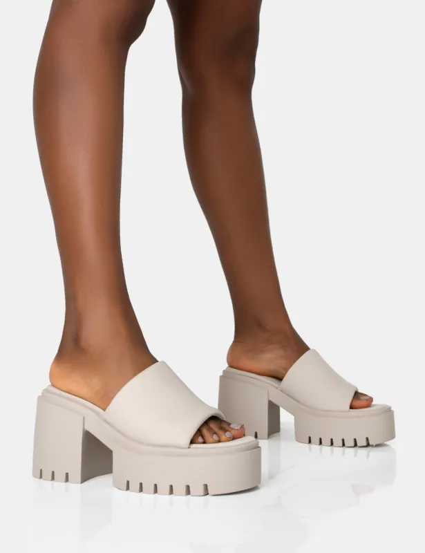 Sabeena Ecru Chunky Mule Round Toe Mid Heel Sandals sold by Public Desire