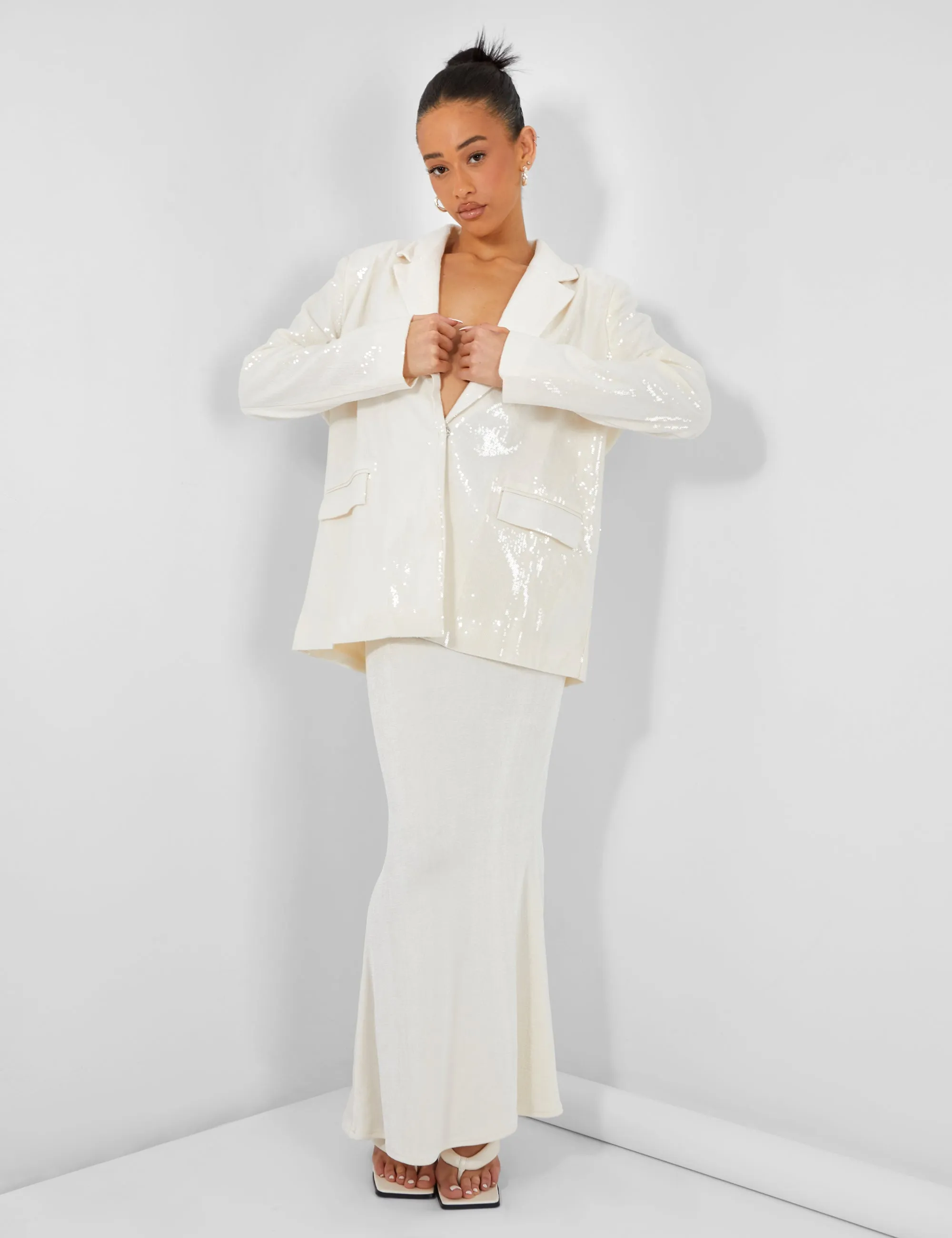 PREMIUM SEQUIN OVERSIZED BLAZER ECRU sold by Public Desire