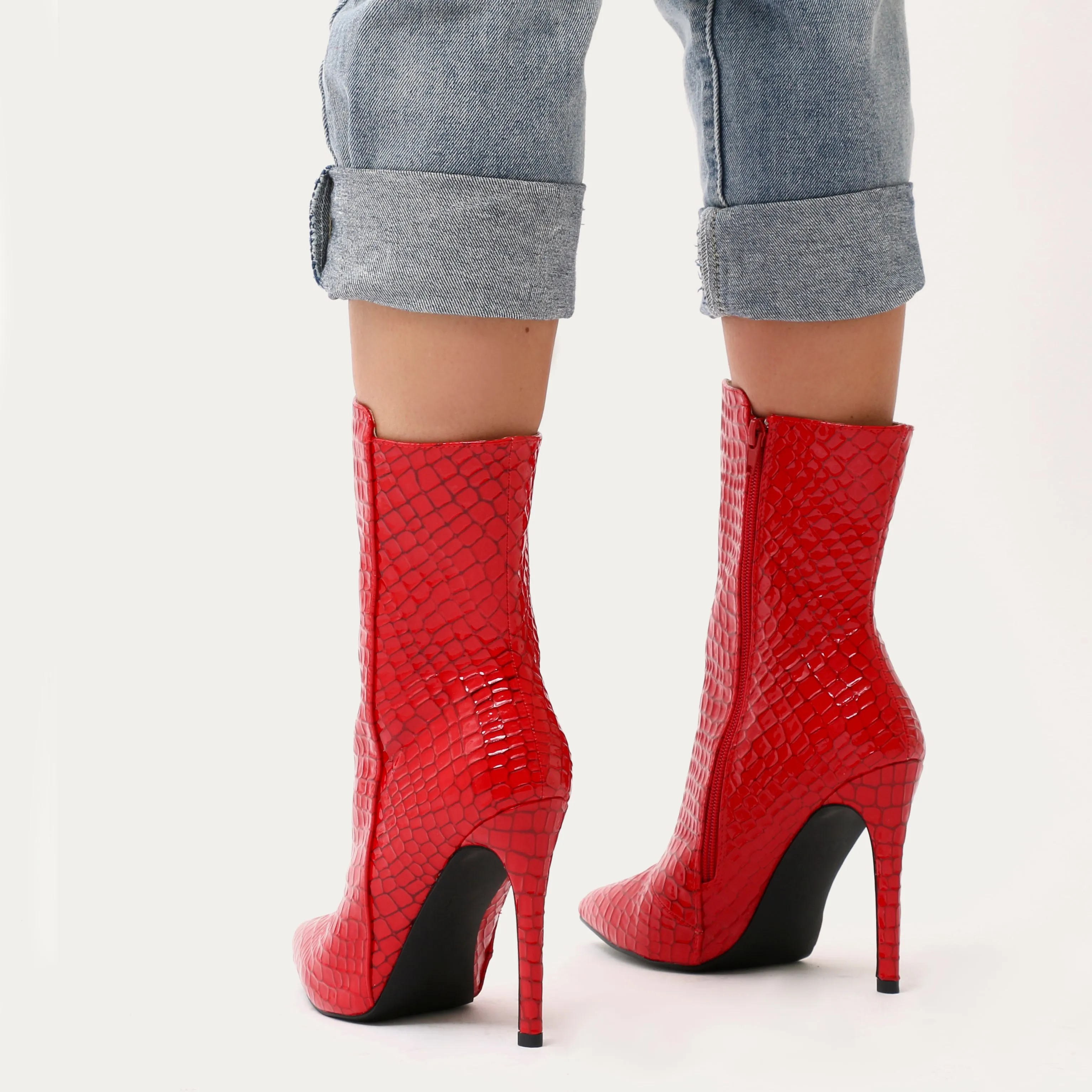Chile Asymmetric Pointed Toe Ankle Boots in Red Faux Snake sold by Public Desire product image thumbnail 3