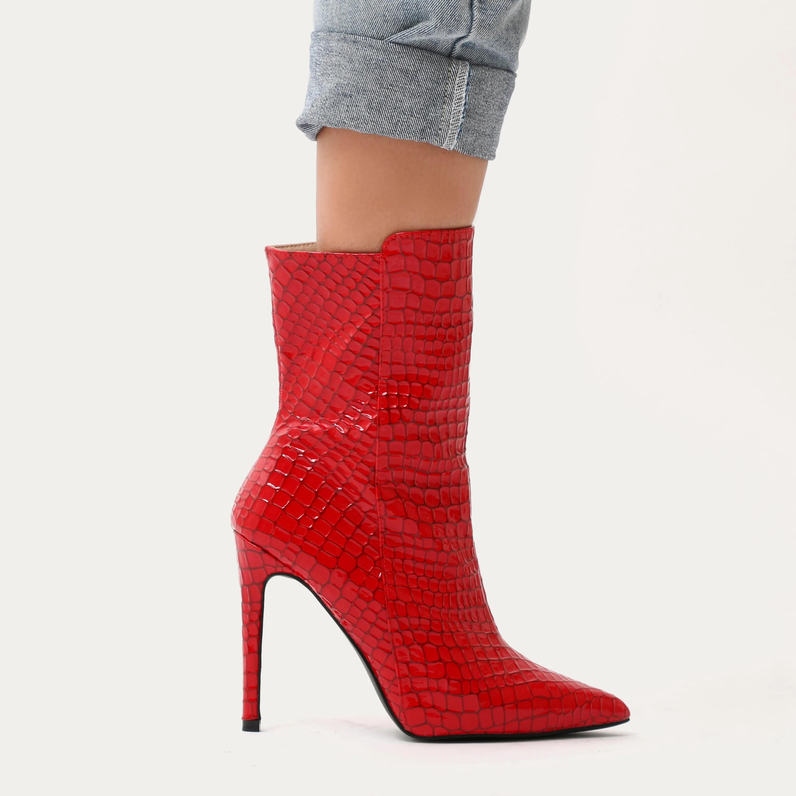 Chile Asymmetric Pointed Toe Ankle Boots in Red Faux Snake sold by Public Desire product image thumbnail 5