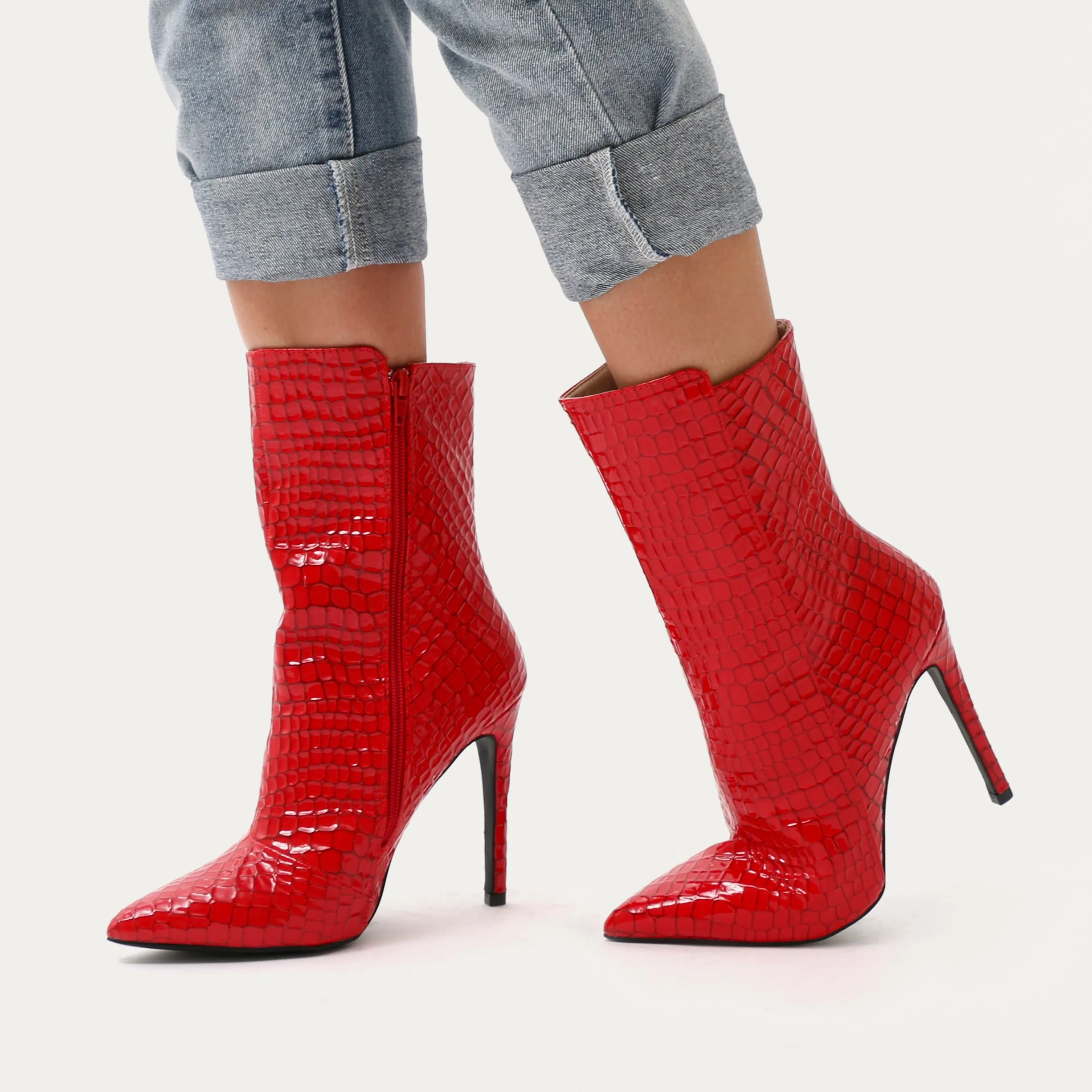 Chile Asymmetric Pointed Toe Ankle Boots in Red Faux Snake sold by Public Desire product image thumbnail 4