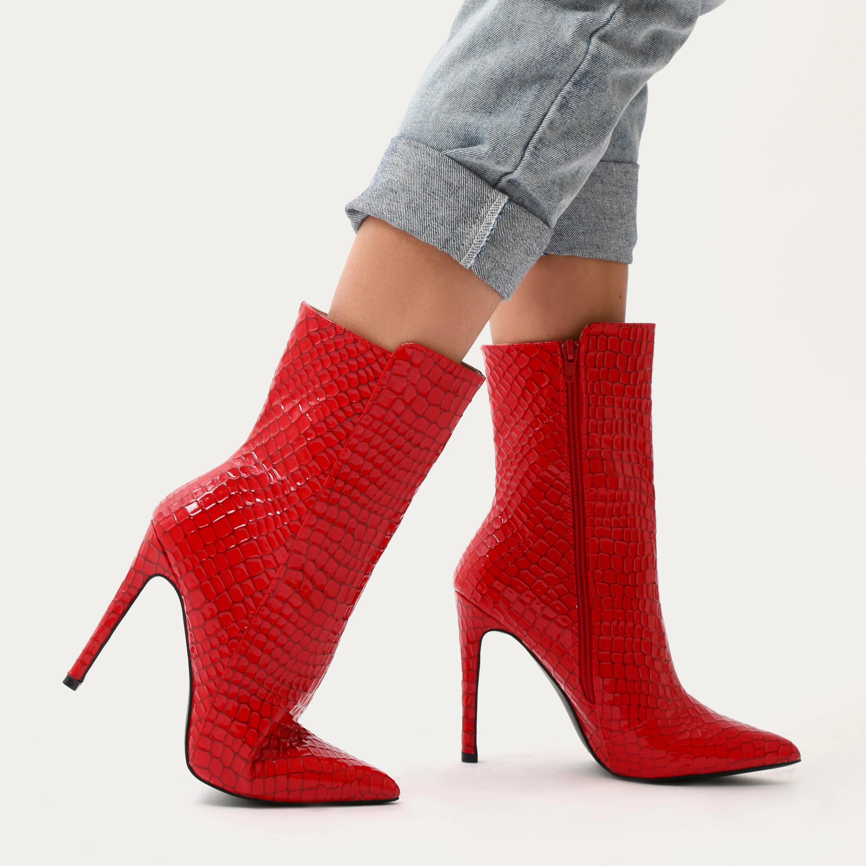 Chile Asymmetric Pointed Toe Ankle Boots in Red Faux Snake sold by Public Desire product image thumbnail 2