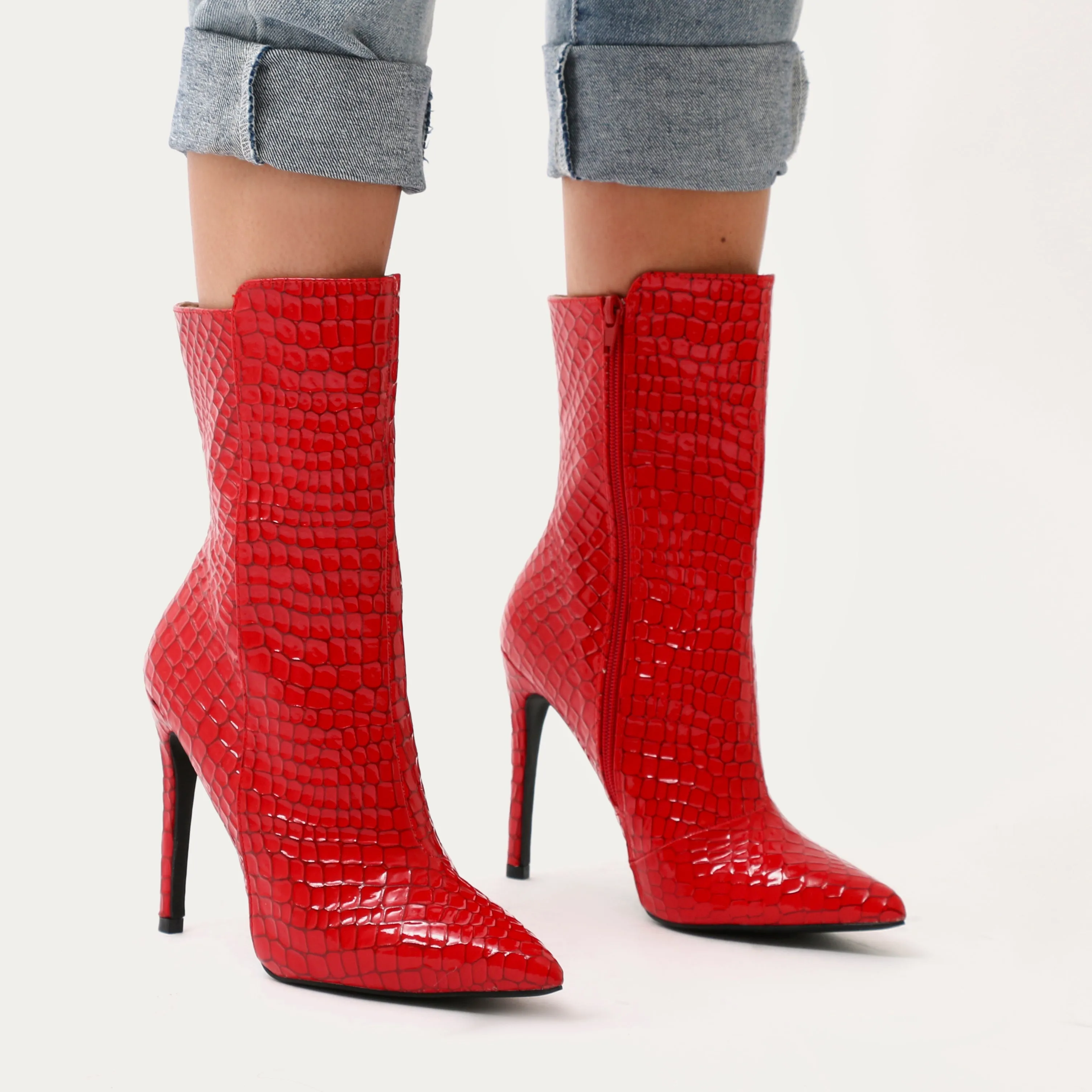 Chile Asymmetric Pointed Toe Ankle Boots in Red Faux Snake sold by Public Desire