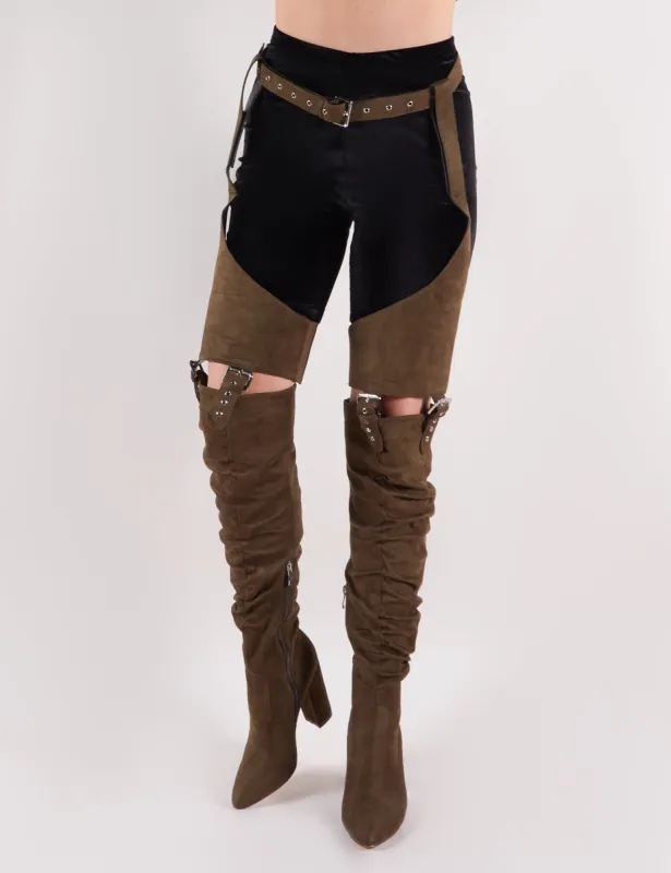 Sterling Belted Over the Knee Boots in Khaki Faux Suede sold by Public Desire